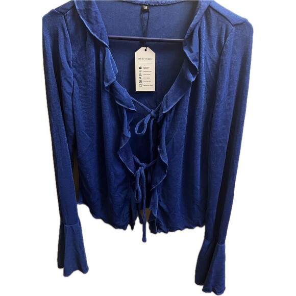 Top Cover Up 2 Ties Blouse Soleil Ruffle Cropped Women's Size Medium Royal Blue - Picture 2 of 6